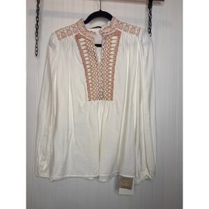NWT MOTF Embroidered Long Sleeve Top White Loose Peasant Boho Blouse Size S